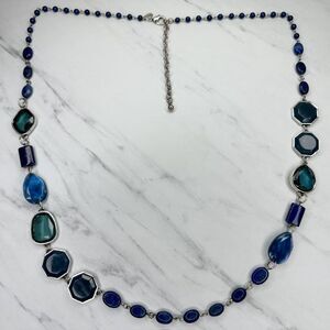 Chicos Blue Beaded Silver Tone Long Necklace 43" ✨